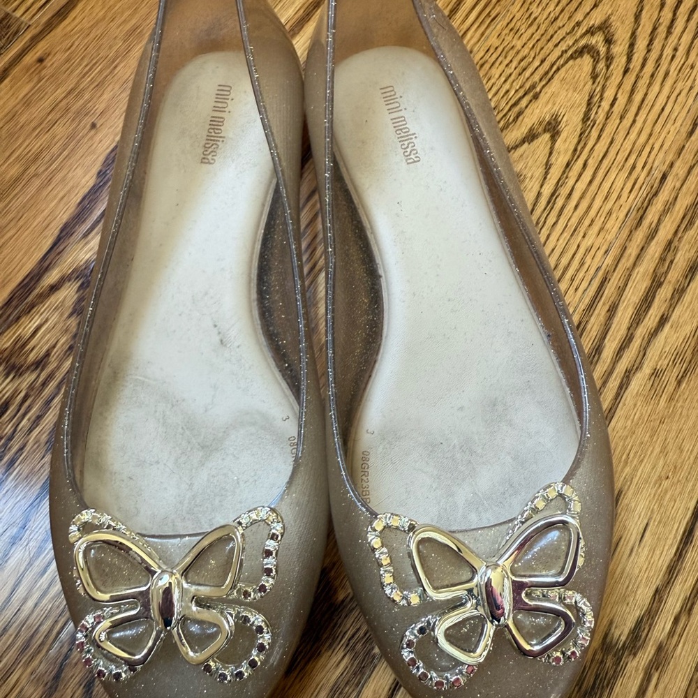 Mini Melissa Kids Gold Flats with Butterfly Detail